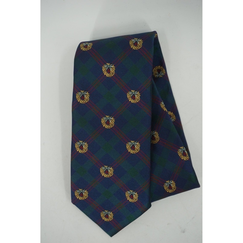 Brooks Brothers Tie Mens One Size Blue Tartan Plaid Holiday Wreaths USA